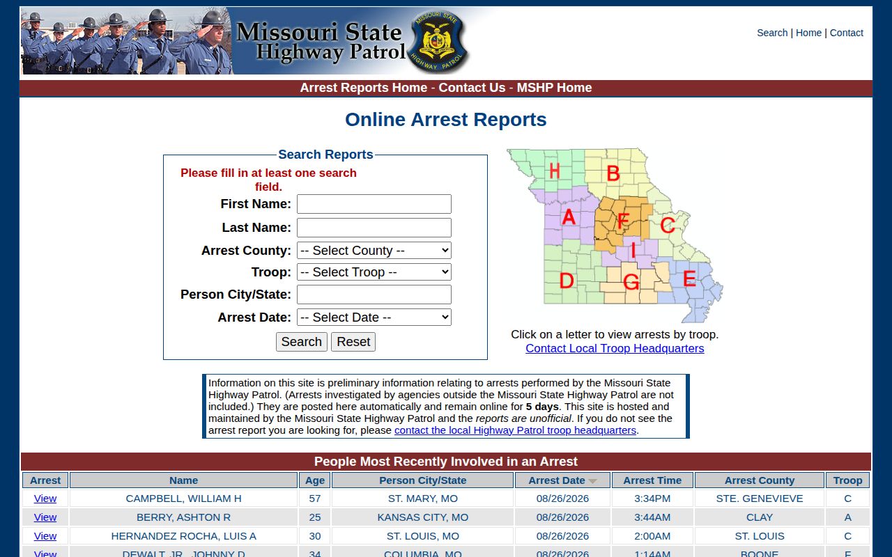 Carroll County Missouri State Highway Patrol preliminary arrest-record search